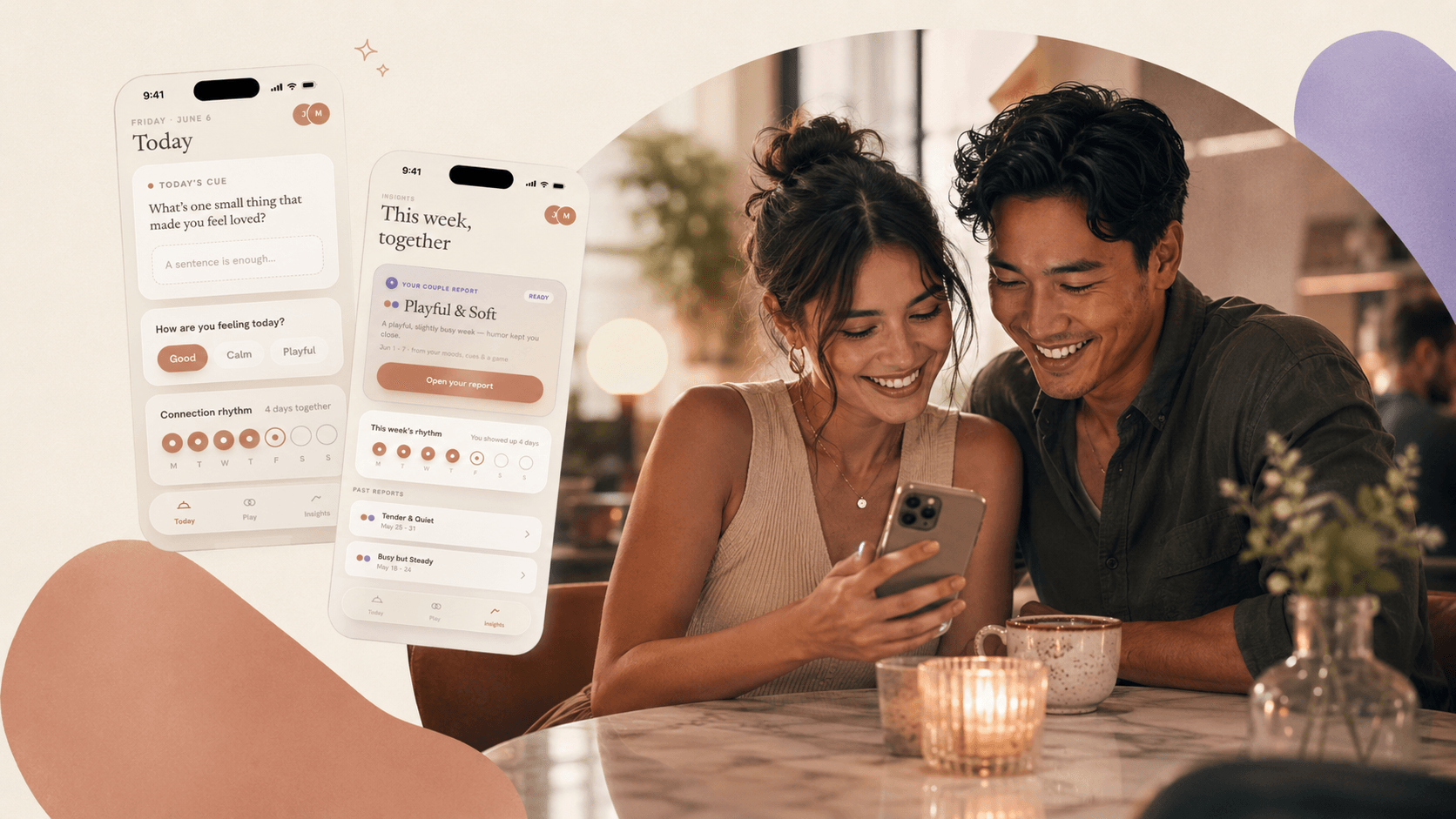 A couple sharing a quiet moment at a café, each checking CoupleCue on their phone.